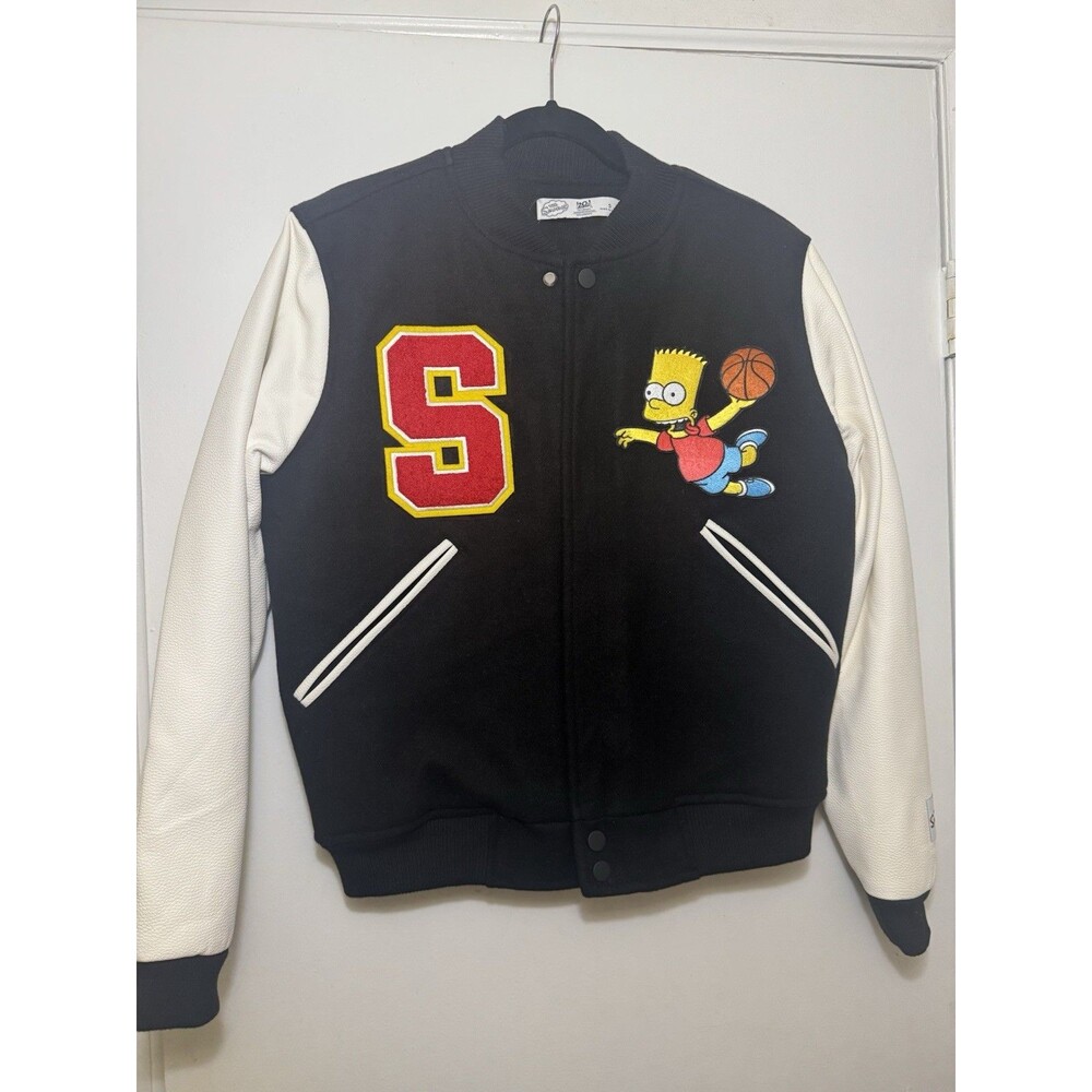 BART Simpson Black Unisex Varsity Jacket with Leather Sleeves Size Small